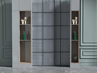 Modern Decorative Cabinet With Grid Panel And Open Shelves Showcasing Green Bottles And Decorative Items 3d model