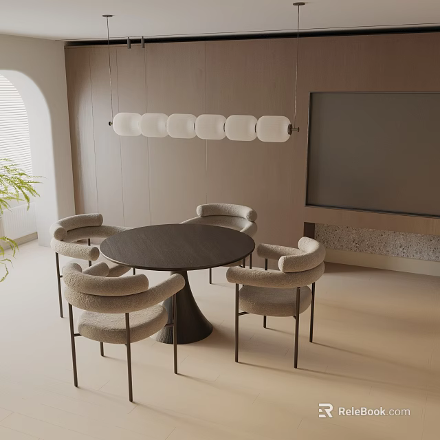 Modern Round Dining Table Set With Light Colored Chairs And Hanging Pendant Light 3d model