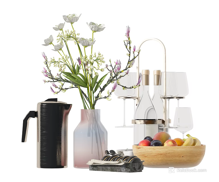 Decorative Ornament Set With Vase Flowers Kettle Wine Glass Holder And Fruit Bowl 3d model 