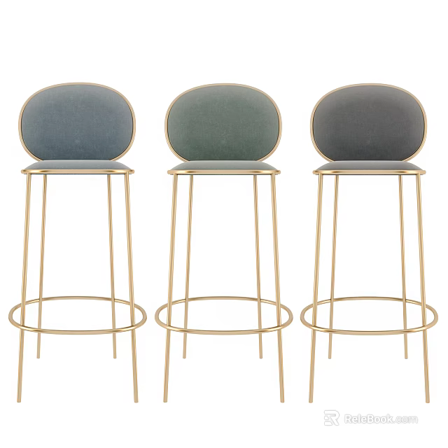 Three Stylish Bar Stools With Round Velvet Backrests And Gold Metal Frames 3d model 
