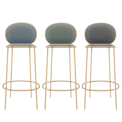 Three Stylish Bar Stools With Round Velvet Backrests And Gold Metal Frames 3d model