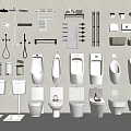 Complete Bathroom Fixtures Collection With Toilets Urinals Sinks Shower Systems And Towel Racks