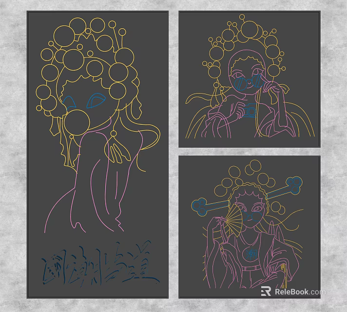 Traditional Oriental Decorative Lights with Female Figure Line Art for Home Decoration 3d model 
