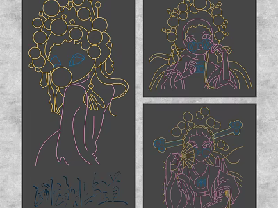 Traditional Oriental Decorative Lights with Female Figure Line Art for Home Decoration 3d model