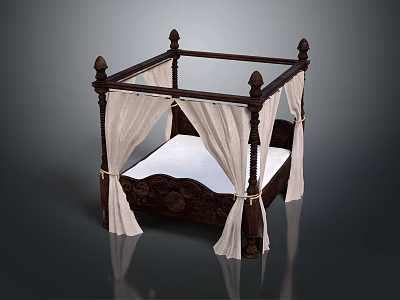 Dark Wooden Carved Four Poster Double Bed with White Canopy Curtains and Mattress 3d model