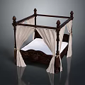 Dark Wooden Carved Four Poster Double Bed with White Canopy Curtains and Mattress