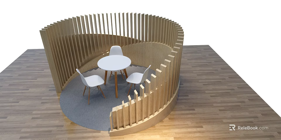 White Leisure Chairs in Circular Wooden Slat Enclosure with Round Table and Gray Carpet 3d model 