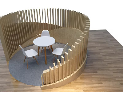 White Leisure Chairs in Circular Wooden Slat Enclosure with Round Table and Gray Carpet 3d model