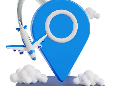 Blue and White Airliner Flying Near Blue Location Pin Surrounded by White Clouds 3d model