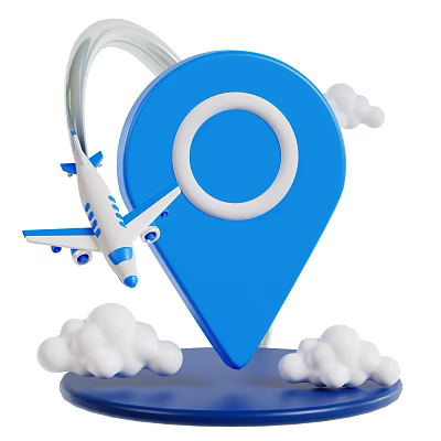 Blue and White Airliner Flying Near Blue Location Pin Surrounded by White Clouds 3d model