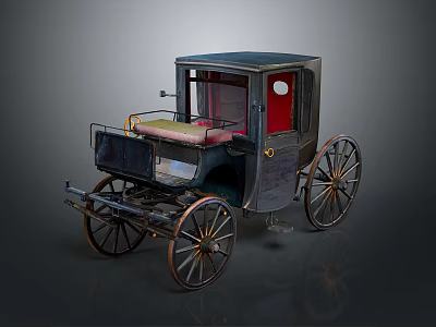 Old Fashioned Dark Colored Carriage With Red Interior And Spoked Wooden Wheels 3d model