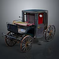 Old Fashioned Dark Colored Carriage With Red Interior And Spoked Wooden Wheels