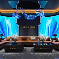 KTV Party Room With Blue LED Screen Brown Sofa Glass Coffee Table And Modern Decor