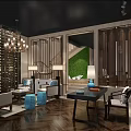 Elegant Club Interior With Wooden Bookshelves Dining Table And Pendant Light