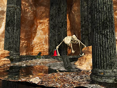 Ancient Ruins With Skeleton Stone Columns Puddle Debris And Fabric 3d model