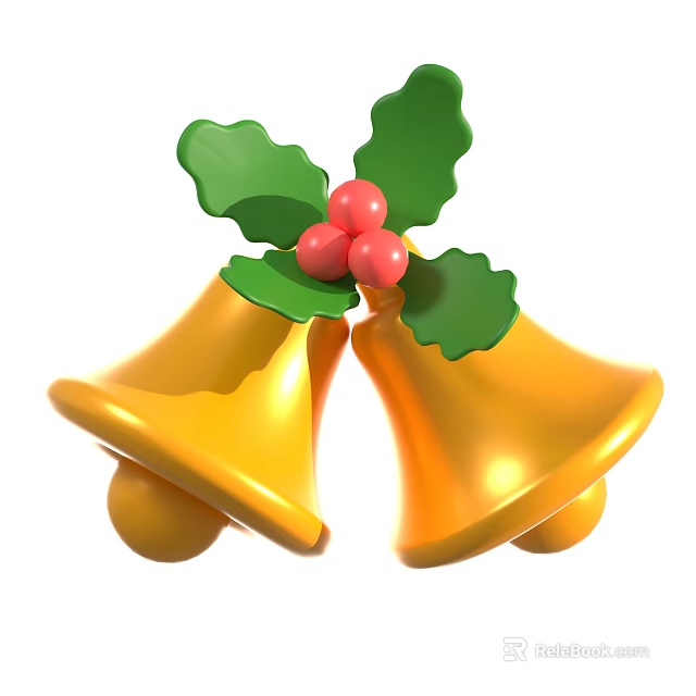 Golden Bells Decorative Ornament Set With Green Leaves And Red Berries 3d model 