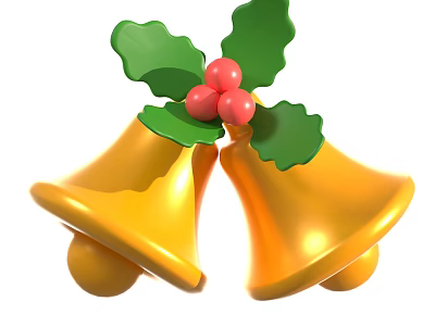 Golden Bells Decorative Ornament Set With Green Leaves And Red Berries 3d model