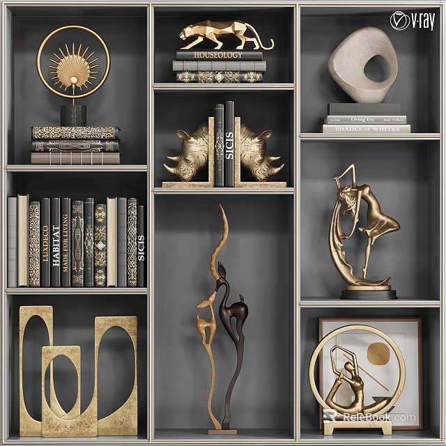 Stylish Decorative Ornament Set With Gray Bookshelf Gold Sculptures And Books 3d model 