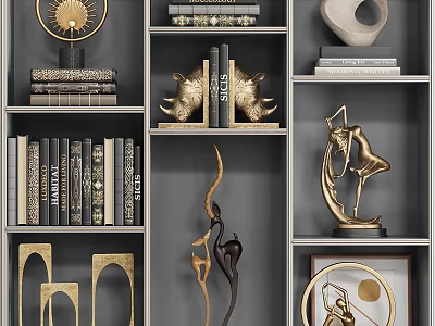 Stylish Decorative Ornament Set With Gray Bookshelf Gold Sculptures And Books 3d model