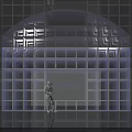 Futuristic Technology Exhibition Hall With Blue Lit Grid Structure Entrance Design