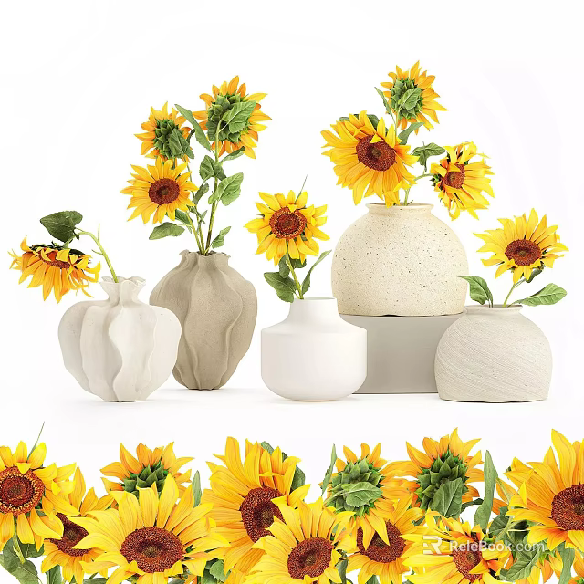 Potted Sunflower Plants In Various Ceramic Vases For Home Decoration 3d model 