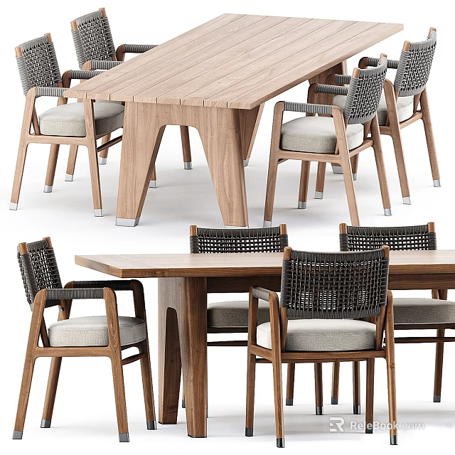 Modern Wooden Outdoor Table and Chairs with Wicker Back Padded Seats 3d model 