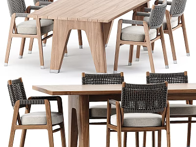 Modern Wooden Outdoor Table and Chairs with Wicker Back Padded Seats 3d model