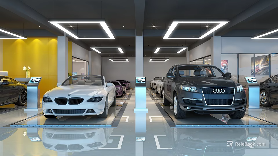 Modern Indoor Parking Garage Featuring Cars Yellow Walls White Lighting And Reflective Clean Floors 3d model 