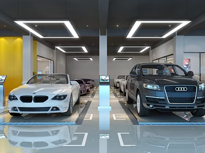 Modern Indoor Parking Garage Featuring Cars Yellow Walls White Lighting And Reflective Clean Floors 3d model