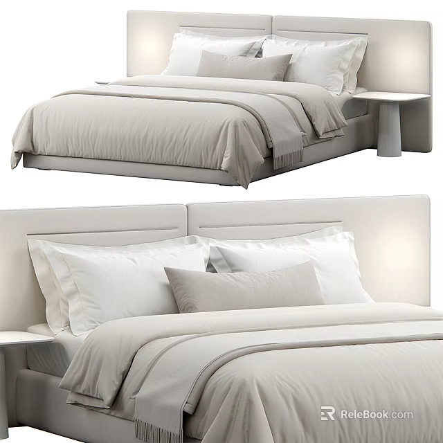 Modern Double Bed Minimalist Design With Light Colored Sheets Pillows Bedside Table And Headboard 3d model 