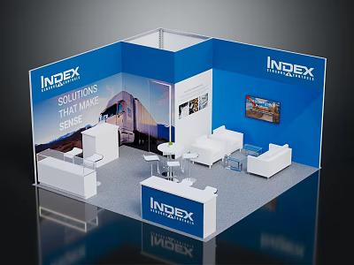INDEX Modern Exhibition Booth With Blue White Decor Reception Desk Sofa Tables 3d model