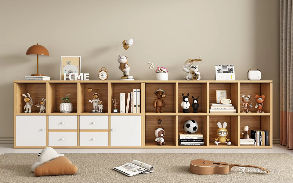 Decorative Ornament Combination on Wooden Bookshelf with Dolls Photo Frames Small Plants and Toys 3d model 