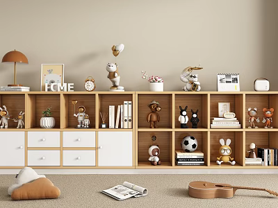 Decorative Ornament Combination on Wooden Bookshelf with Dolls Photo Frames Small Plants and Toys 3d model