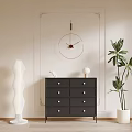 Black Entryway Side Cabinet with Six Drawers Green Plant Wall Clock and Floor Lamp
