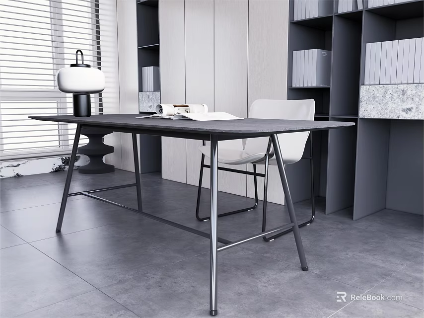 Modern Black Desk with White Chair Bookshelf and Window Blinds on Gray Floor 3d model 
