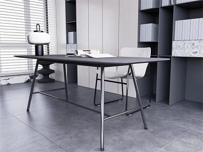 Modern Black Desk with White Chair Bookshelf and Window Blinds on Gray Floor 3d model