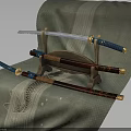 Traditional Japanese Katana Displayed On Wooden Stand With Decorative Sheaths And Carp Patterned Fabric