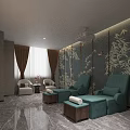 Luxurious SPA Sauna Interior Design With Green Massage Chairs Footstools Decorative Wall Paintings And Curtains
