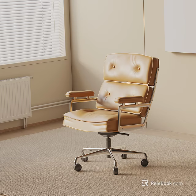 Beige Leather Office Chair With Tufted Backrest Armrests And Metal Wheel Base 3d model 