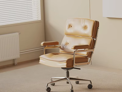 Beige Leather Office Chair With Tufted Backrest Armrests And Metal Wheel Base 3d model
