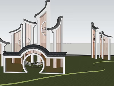 Chinese Traditional Scenic Wall With Curved Roof Eaves And Circular Arch Design 3d model