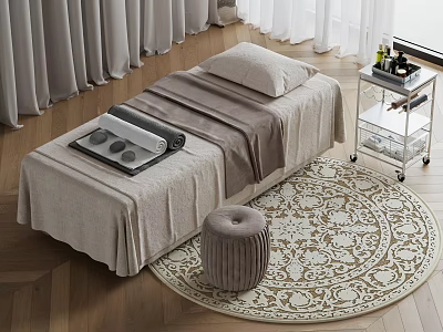 Comfortable Massage Bed With Soft Bedspread Pillow Round Rug And Side Cart 3d model