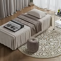 Comfortable Massage Bed With Soft Bedspread Pillow Round Rug And Side Cart