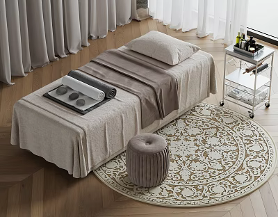Comfortable Massage Bed With Soft Bedspread Pillow Round Rug And Side Cart 3d model