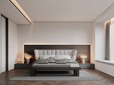 Modern Bedroom Interior With Upholstered Headboard Nightstands Table Lamps And Area Rug 3d model