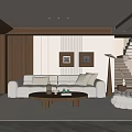 Modern Living Room Interior With Wooden Accent Wall Light Brown Sofa And Round Coffee Table