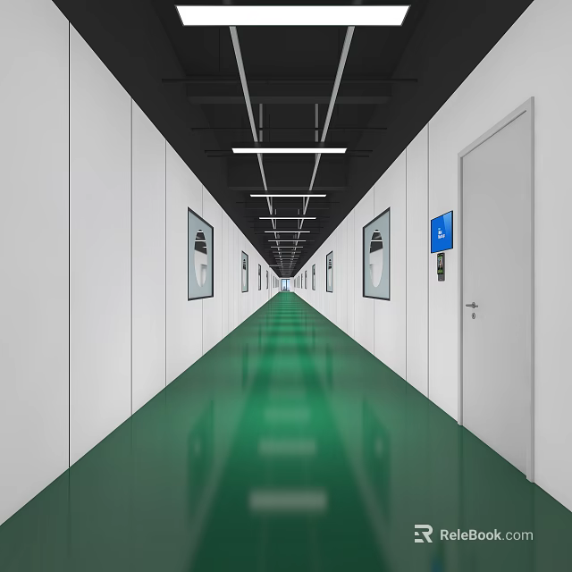 Modern Office Corridor Interior With Green Floor White Walls Framed Pictures And Ceiling Lights 3d model 