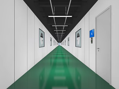 Modern Office Corridor Interior With Green Floor White Walls Framed Pictures And Ceiling Lights 3d model