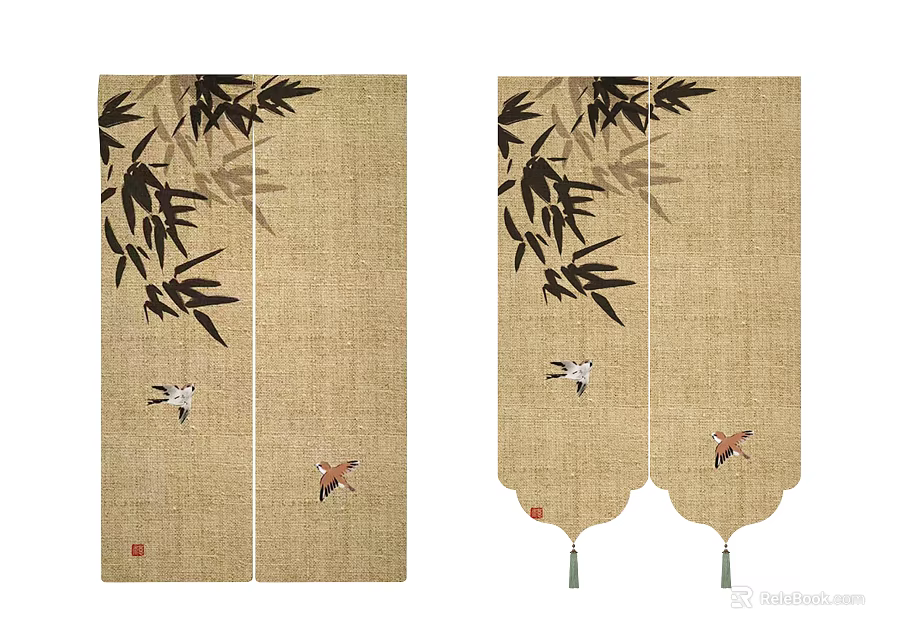 Traditional Style Linen Curtains With Bamboo Leaves And Birds Pattern 3d model 