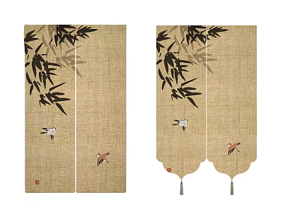 Traditional Style Linen Curtains With Bamboo Leaves And Birds Pattern 3d model